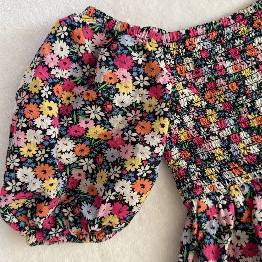Gap Kids | Smocked Floral Print Puff Sleeve Cotton Dress 813739 Blue/Pink (L/10) - Picture 3 of 16